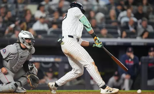 New York Yankees' Spencer Jones strikes out swinging against the Boston Red Sox during the sixth inning in Game 2 of baseball's American League Wild Card Series, Wednesday, Sept. 30, 2026, in New York. (AP Photo/Yuki Iwamura)