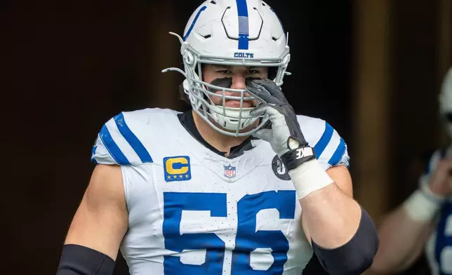 FILE - Indianapolis Colts offensive lineman Quenton Nelson looks on before an NFL football game against the Seattle Seahawks, Sunday, Dec. 14, 2025, in Seattle. (AP Photo/Stephen Brashear, File)