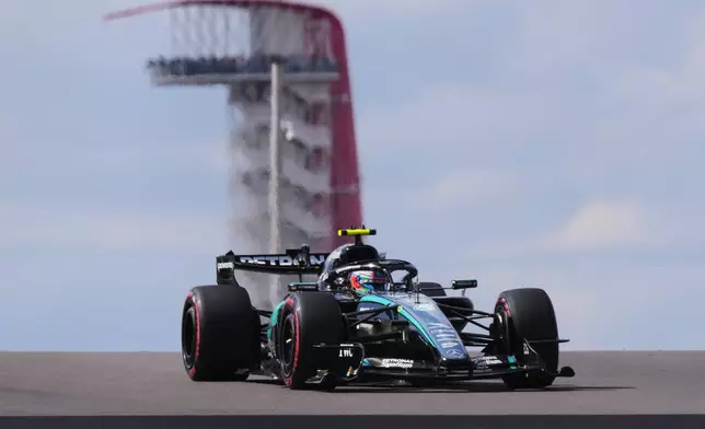 Mercedes driver Kimi Antonelli of Italy steers his car into a turn during the third practice session for the Formula One United States Grand Prix auto race in Austin, Texas, Saturday, Oct. 24, 2026. (AP Photo/Eric Gay)