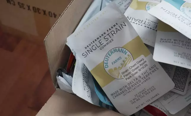 Bags of THC- and CBD-infused edibles await delivery at Deutermann Farms in Clayton, N.C., on Wednesday, Sept. 23, 2026. (AP Photo/Allen G. Breed)