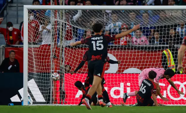 New York Red Bulls players celebrate after Inter Miami scored an own goal during the first half of an MLS soccer match, Saturday, Oct. 24, 2026, in Harrison, N.J. (AP Photo/Eduardo Munoz Alvarez)