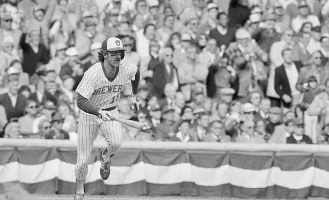 FILE - Milwaukee Brewers batter Robin Yount runs for first base as he watches his single drop in the seventh inning of Game 4 of the World Series in Milwaukee, Oct. 16, 1982. (AP Photo, File)