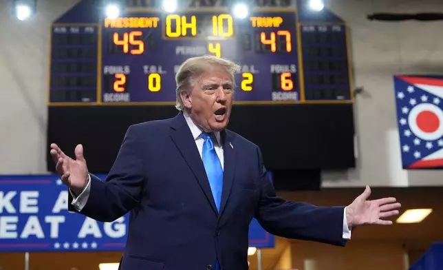 President Donald Trump speaks during an event at Butler High School in Vandalia, Ohio, Saturday, Oct. 3, 2026. (AP Photo/Mark Schiefelbein)