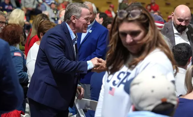 Sen. Jon Husted, R-Ohio, left, greets attendees before President Donald Trump arrives to speaks during a midterm election rally, Saturday, Oct. 3, 2026, in Vandalia, Ohio. (AP Photo/Joshua A. Bickel)
