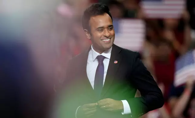 Ohio Republican gubernatorial candidate Vivek Ramaswamy speaks during a midterm election rally, Saturday, Oct. 3, 2026, in Vandalia, Ohio. (AP Photo/Joshua A. Bickel)