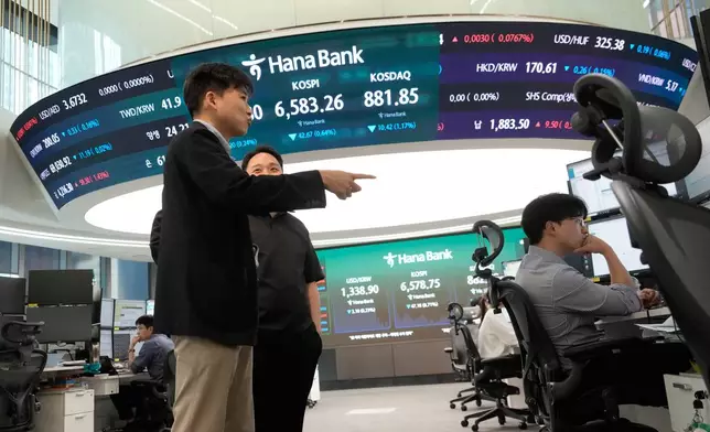 Currency traders work at the foreign exchange dealing room of the Hana Bank headquarters in Seoul, South Korea, Monday, Oct. 12, 2026. (AP Photo/Ahn Young-joon)