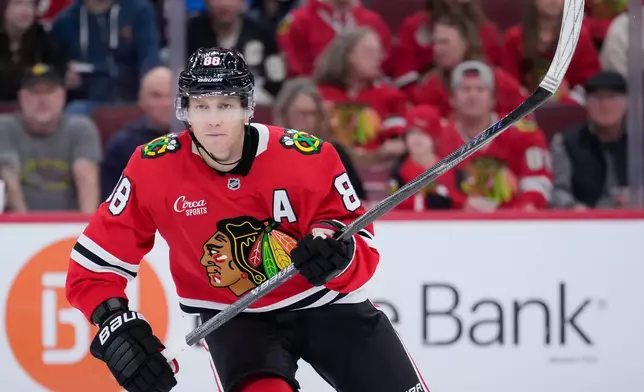 Chicago Blackhawks right wing Patrick Kane (88) skates during the second period of an NHL hockey game against the Pittsburgh Penguins, Tuesday, Oct. 13, 2026, in Chicago. (AP Photo/Harry Figiel)