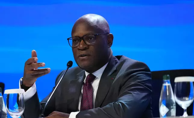 Congo Finance Minister Christian Yoka speaks at African Finance Ministers news conference during the annual meetings of the International Monetary Fund and the World Bank Group in Bangkok, Thailand, Thursday, Oct. 15, 2026. (AP Photo/Sakchai Lalit)