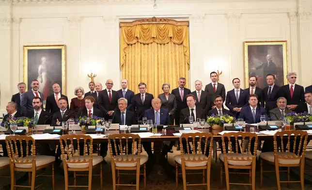 President Donald Trump poses for a photo as he speaks in the East Room of the White House in Washington, Tuesday Sept. 29, 2026, during a meeting with top executives of AI firms. (AP Photo/Jacquelyn Martin)