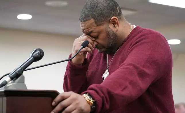 FILE - Wayne Jones, the son of Tops Friendly Market shooting victim Celestine Chaney, pauses to collect himself as he makes a statement to the court during the sentencing of Payton Gendron before Erie County Court Judge Susan Eagan, Feb. 15, 2023, in Buffalo, N.Y. (Derek Gee/The Buffalo News via AP, Pool, File)