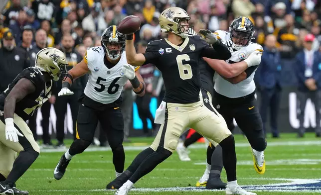 New Orleans Saints quarterback Tyler Shough (6) passes the ball during an NFL football game against Pittsburgh Steelers in Saint-Denis, outside Paris, Sunday, Oct. 25, 2026. (AP Photo/Aurelien Morissard)