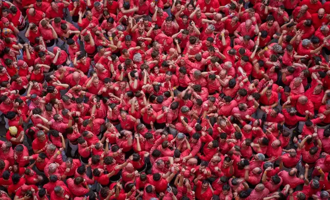 Members of Castellers Joves de Valls celebrates after completing a "castell," or human tower, during the 30th Concurs de Castells, or Human Tower Competition, in Tarragona, Spain, Sunday, Oct. 4, 2026. (AP Photo/Emilio Morenatti)