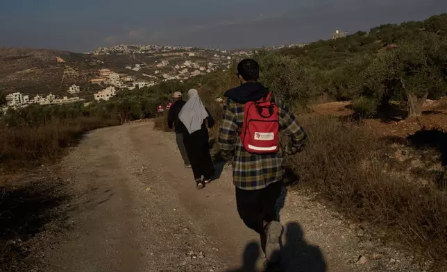 Palestinians run after local volunteers spotted Israeli settlers moving in a vehicle on a nearby dirt road during a olive harvest in the West Bank town of Turmus Ayya, Sunday, Oct. 18, 2026. (AP Photo/Leo Correa)