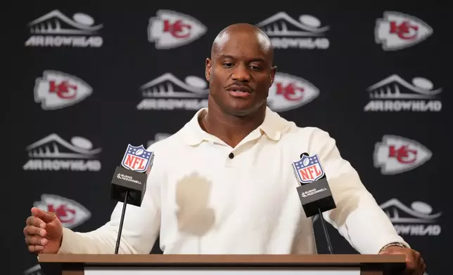 Kansas City Chiefs running back Kenneth Walker III (9) responds to a question during a news conference after an NFL football game against the Los Angeles Chargers in Kansas City, Mo., Sunday, Oct. 18, 2026. (AP Photo/Charlie Riedel)