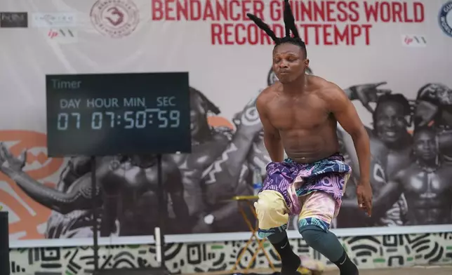 Benjamin Daniel, known as Ben Dancer, attempts dancing for 168 hours in a bid to set a Guinness World Record, at the freedom park in Lagos, Nigeria, Tuesday, Sept. 29, 2026. (AP Photo/Sunday Alamba)