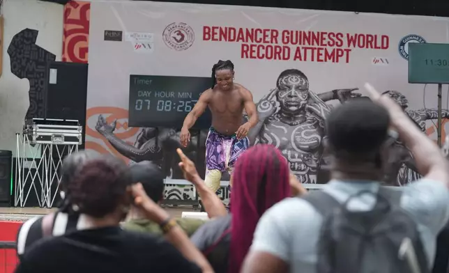 Benjamin Daniel, known as Ben Dancer, attempts dancing for 168 hours in a bid to set a Guinness World Record, at the freedom park in Lagos, Nigeria, Tuesday, Sept. 29, 2026. (AP Photo/Sunday Alamba)