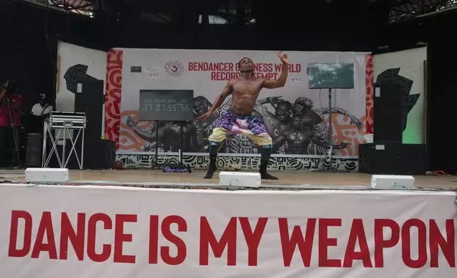 Benjamin Daniel, known as Ben Dancer, attempts dancing for 168 hours in a bid to set a Guinness World Record, at the freedom park in Lagos, Nigeria, Tuesday, Sept. 29, 2026. (AP Photo/Sunday Alamba)