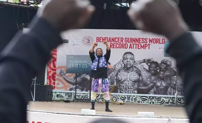 Benjamin Daniel, known as Ben Dancer, attempts dancing for 168 hours in a bid to set a Guinness World Record, at the freedom park in Lagos, Nigeria, Tuesday, Sept. 29, 2026. (AP Photo/Sunday Alamba)