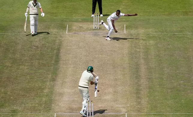 South Africa's Kagiso Rabada bowls during day five of the second cricket test match between South Africa and Australia, in Gqeberha, South Africa, Thursday, Oct. 22, 2026. (AP Photo/Themba Hadebe)