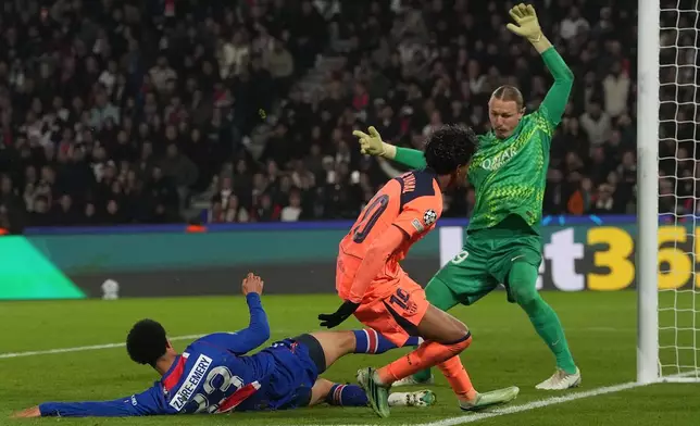 Barcelona's Lamine Yamal, center, scores his side's second goal during the Champions League opening phase soccer match between Paris Saint-Germain and FC Barcelona in Paris, Tuesday, Oct. 20, 2026. (AP Photo/Thibault Camus)