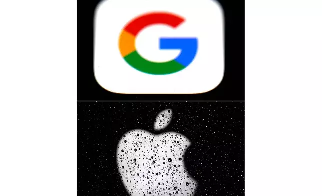 FILE - This combo of photos shows the logo for Google, top and Apple, bottom. (AP Photo/File)