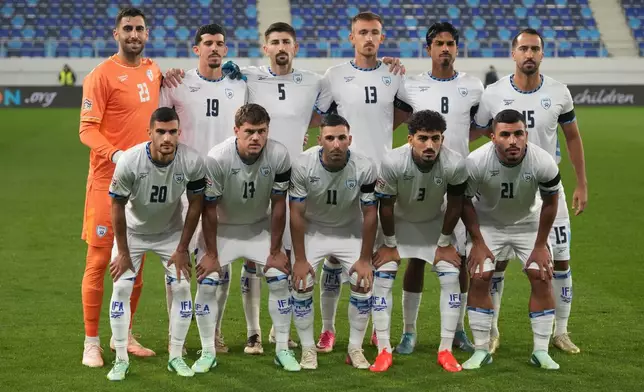 Israeli players pose before the UEFA Nations League soccer match between the Republic of Ireland and Israel in Backa Topola, Serbia, Sunday, Oct. 4, 2026. (AP Photo/Darko Vojinovic)