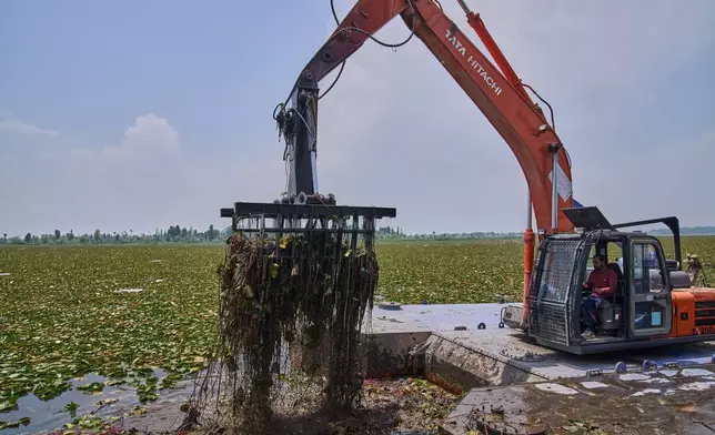 FILE - An employee of the Lake Conservation and Management Authority (LCMA) uses a machine to clear weeds from Dal Lake in Srinagar, Indian controlled Kashmir, May 20, 2026. (AP Photo/Dar Yasin, File)