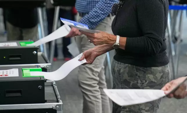 Voters enter their ballots into scanners at early in-person voting in Cleveland, Wednesday, Oct. 7, 2026. (AP Photo/Sue Ogrocki)