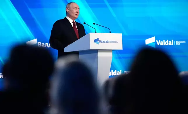 Russian President Vladimir Putin speaks at the session of the Valdai Discussion Club in Moscow, Thursday, Oct. 1, 2026. (AP Photo/Pavel Bednyakov)