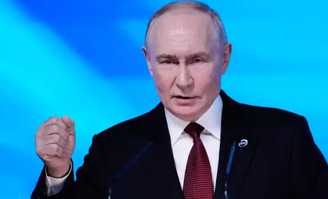 Russian President Vladimir Putin speaks at the session of the Valdai Discussion Club in Moscow, Thursday, Oct. 1, 2026. (AP Photo/Pavel Bednyakov)
