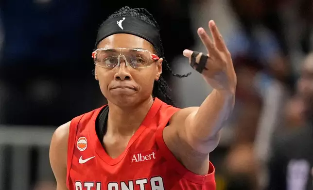 Atlanta Dream's Allisha Gray celebrates after shooting a three-pointer during the first half of Game 6 of the WNBA basketball finals against the Golden State Valkyries on Thursday, Oct. 29, 2026, in Atlanta. (AP Photo/Brynn Anderson)