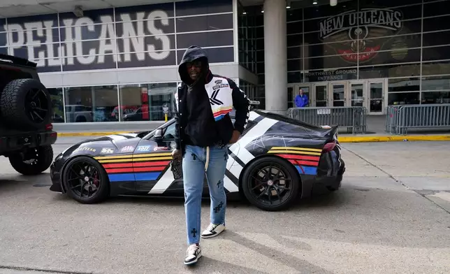 FILE - New Orleans Saints running back Alvin Kamara arrives in his car at the Caesars Superdome before an NFL football game against the Carolina Panthers in New Orleans, Sunday, Dec. 10, 2023. The Saints won 28-6. (AP Photo/Gerald Herbert, File)