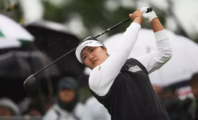 South Korea's Haeran Ryu tees off on the 18th hole during the third round of the LPGA BMW Ladies Championship at Pine Beach Golf Links in Haenam, South Korea, Saturday, Oct. 24, 2026. (AP Photo/Lee Jin-man)