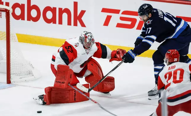 Winnipeg Jets' Adam Lowry (17) passes the puck to Alex Iafallo past Carolina Hurricanes goaltender Pyotr Kochetkov (52) for a goal by Iafallo during the second period of an NHL hockey game in Winnipeg, Manitoba, Saturday, Oct. 17, 2026. (John Woods/The Canadian Press via AP)