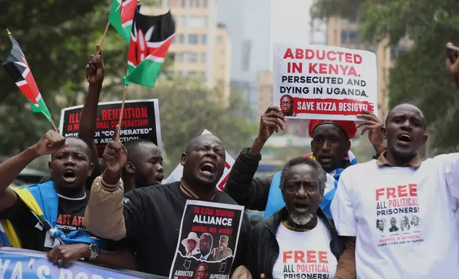 Protesters demand answers over the alleged illegal extradition of Ugandan opposition leader Dr. Kizza Besigye in Nairobi, Kenya, Thursday, Sept. 3, 2026. (AP Photo/Henry Naminde)