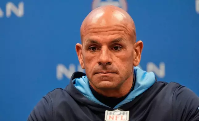 Tennessee Titans head coach Robert Saleh takes a question during a news conference after an NFL football game against the Houston Texans in Nashville, Tenn., Sunday, Oct. 11, 2026. (AP Photo/George Walker IV)