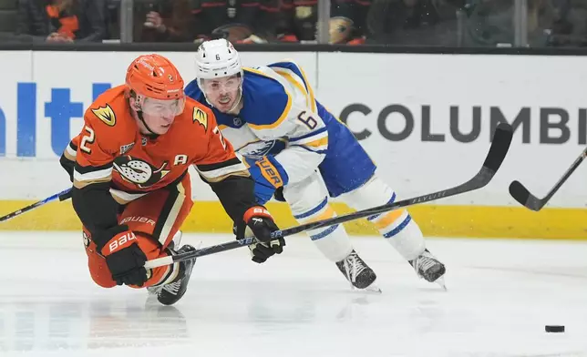 Anaheim Ducks defenseman Jackson LaCombe (2) collides with Buffalo Sabres left wing Zach Benson (6) during the first period of an NHL hockey game Thursday, Oct. 29, 2026, in Anaheim, Calif. (AP Photo/Gregory Bull)