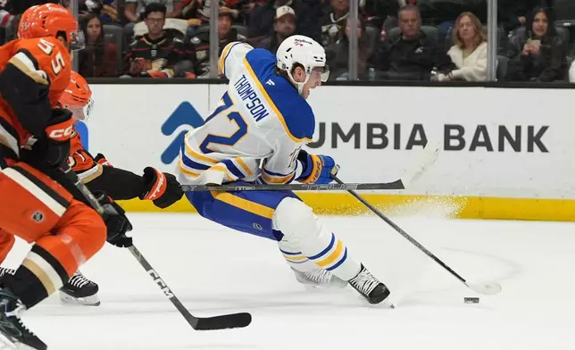 Buffalo Sabres center Tage Thompson, right, gets ready to score a goal during the first period of an NHL hockey game against the Anaheim Ducks Thursday, Oct. 29, 2026, in Anaheim, Calif. (AP Photo/Gregory Bull)