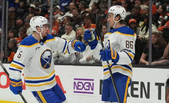 Buffalo Sabres center Noah Östlund (86) celebrates his goal with left wing Zach Benson during the first period of an NHL hockey game against the Anaheim Ducks Thursday, Oct. 29, 2026, in Anaheim, Calif. (AP Photo/Gregory Bull)