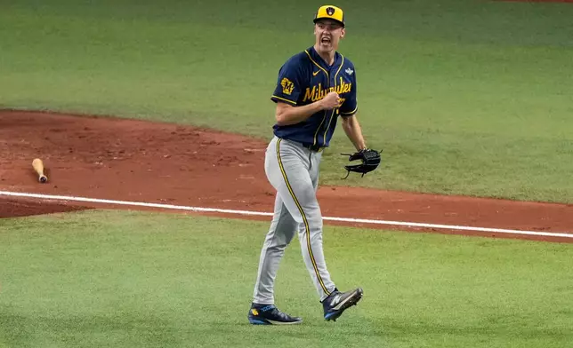 Milwaukee Brewers pitcher Jacob Misiorowski reacts to the third out of the fourth inning of Game 5 of baseball's World Series, Wednesday, Oct. 28, 2026, in St. Petersburg, Fla., between the Milwaukee Brewers and the Tampa Bay Rays. (AP Photo/Morry Gash)