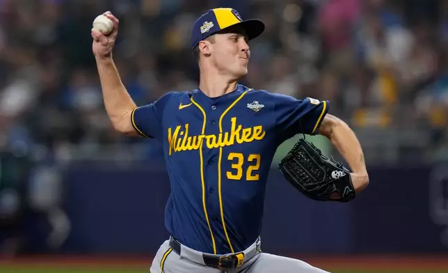 Milwaukee Brewers pitcher Jacob Misiorowski throws during the first inning of Game 5 of baseball's World Series, Wednesday, Oct. 28, 2026, in St. Petersburg, Fla., between the Milwaukee Brewers and the Tampa Bay Rays. (AP Photo/Chris O'Meara)