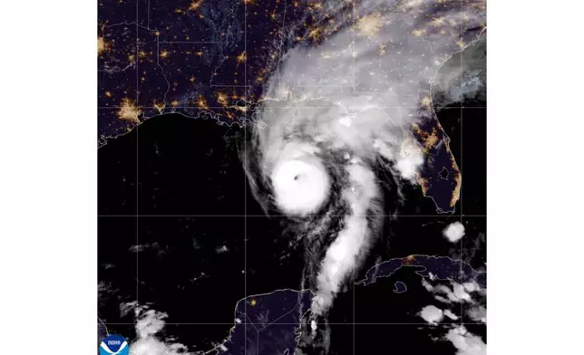 This satellite image from the National Oceanic and Atmospheric Administration shows Hurricane Isaias in the Gulf of Mexico, Friday, Oct. 9, 2026. (National Oceanic and Atmospheric Administration via AP)