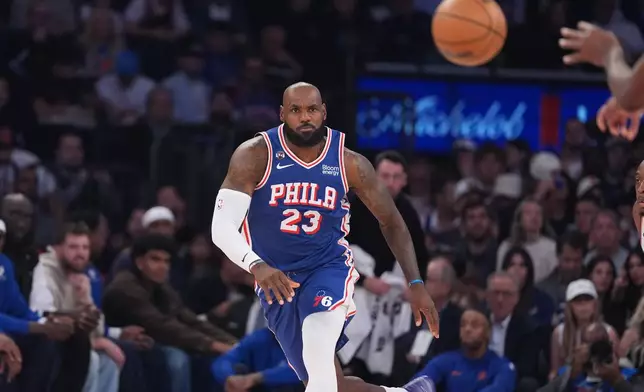 Philadelphia 76ers forward LeBron James waits for a pass during the first half of an NBA basketball game against the New York Knicks Tuesday, Oct. 20, 2026, in New York. (AP Photo/Frank Franklin II)