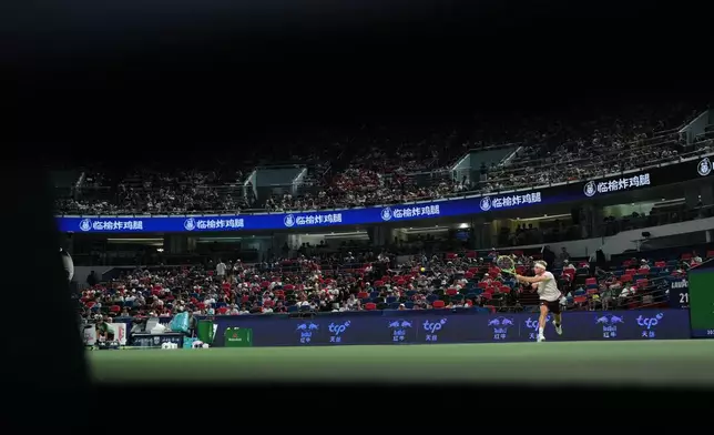 Spain's Alejandro Davidovich Fokina returns the ball to Spain's Rafael Jodar during the men's singles final at the Shanghai Masters tennis tournament in Shanghai, China, Sunday, Oct. 18, 2026. (AP Photo/Andy Wong)