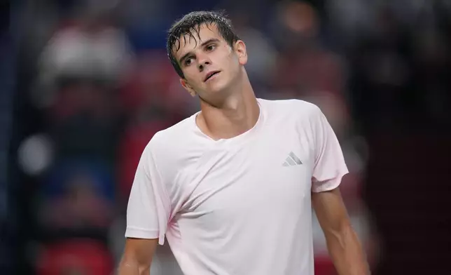 Spain's Rafael Jodar reacts during play against Spain's Alejandro Davidovich Fokina in the men's singles final at the Shanghai Masters tennis tournament in Shanghai, China, Sunday, Oct. 18, 2026. (AP Photo/Andy Wong)