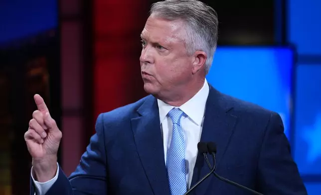 Republican Sen. Roger Marshall participates in a debate with Democratic nominee for U.S. Senate Adam Hamilton at WDAF TV in Kansas City, Mo., Wednesday, Oct. 21, 2026. (AP Photo/Charlie Riedel, Pool)