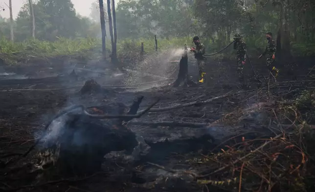 Soldiers spray water to put out wildfires burning in peatland forest in Kubu Raya, West Kalimantan, Indonesia, Saturday, Sept. 12, 2026. (AP Photo/Tatan Syuflana)