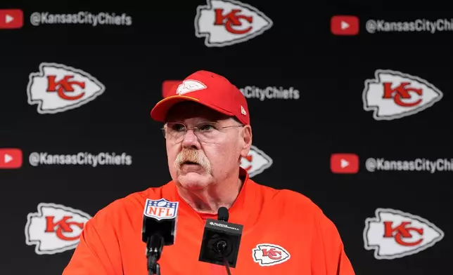 Kansas City Chiefs head coach Andy Reid speaks during a news conference after an NFL football game against the Las Vegas Raiders in Las Vegas, Sunday, Oct. 4, 2026. (AP Photo/John Locher)