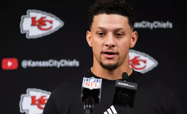 Kansas City Chiefs quarterback Patrick Mahomes speaks during a news conference after an NFL football game against the Las Vegas Raiders in Las Vegas, Sunday, Oct. 4, 2026. (AP Photo/John Locher)
