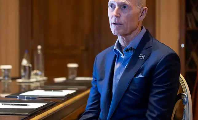 U.S. Sen. Rick Scott, R-Fla., speaks during an interview in Athens, Greece, Saturday, Oct. 17, 2026. (AP Photo/Yorgos Karahalis)